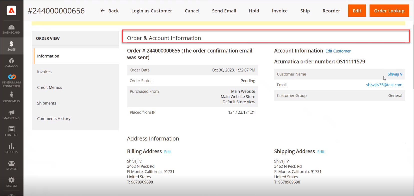 The Order and the Account Information